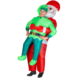 Kerstman elf kostuum gedragen, groene elf met bungelende beentjes voor de buik
