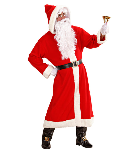 Kerstman jas pak super de luxe in rood met witte plucherand, kap, zwarte riem en witte baard voor Kerst