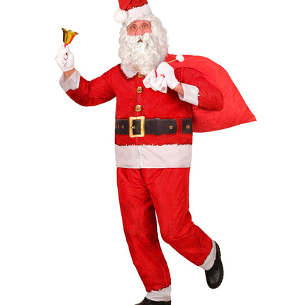 Kerstman kostuum met broek met witte boorden en muts met pompon, look van voren