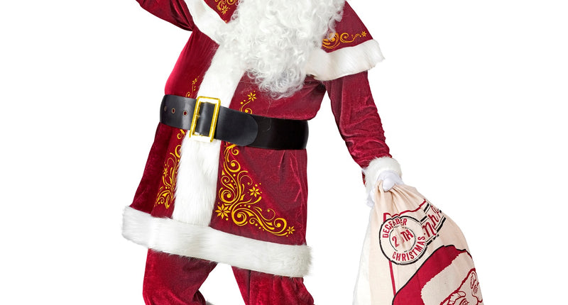 Kerstman kostuum heren: wijnrode jas met cape, gouden krulprint, riem en overzetlaarzen voor Kerst