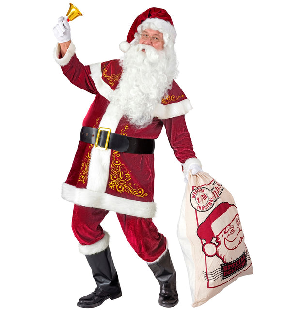Kerstman kostuum heren: wijnrode jas met cape, gouden krulprint, riem en overzetlaarzen voor Kerst