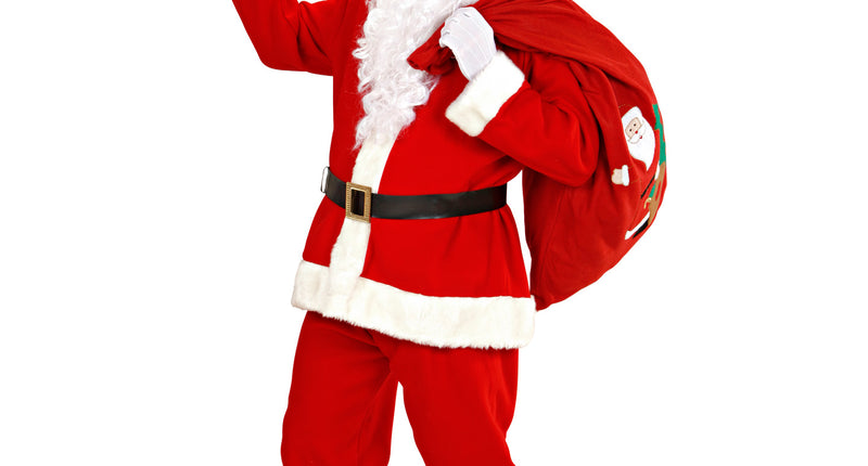 Kerstman kostuum luxe compleet in rood met witte plucherand, zwarte riem en laarshoezen voor Kerst