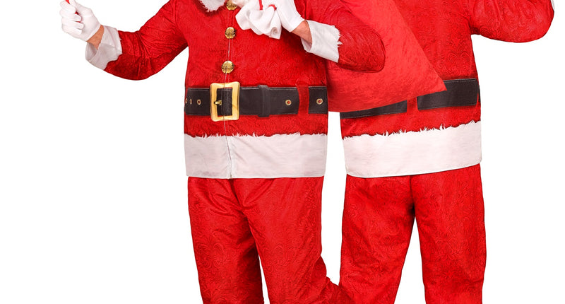 Kerstman kostuum Thijs in rood met witte boorden, voor- en achterkant, voor Kerst