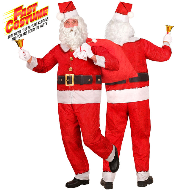 Kerstman kostuum Thijs in rood met witte boorden, voor- en achterkant, voor Kerst