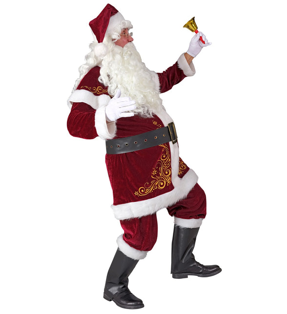 Kerstman pak zijkant: wijde rode knickerbroek met gouden krulprint en witte pluche randen