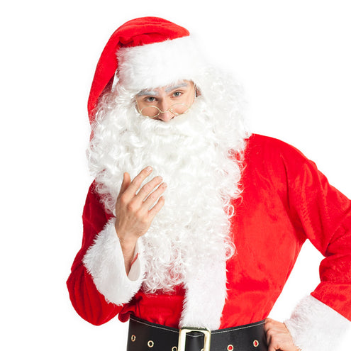 Kerstmanlook met goudkleurige ronde bril, witte baard en rood jasje met witte rand
