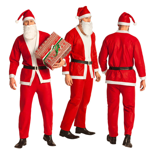 Kerstmanpak heren van voor, zij en achter: rode broek, jas met puntige onderrand en muts met witte pompon