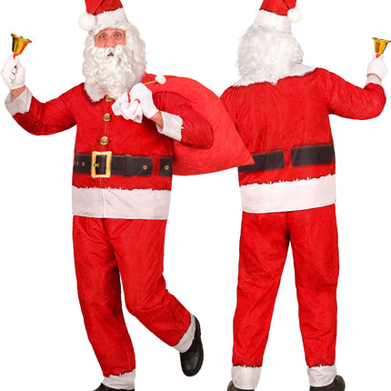 Kerstmanpak heren met zwarte gordelprint en gouden knopen op de rode jas