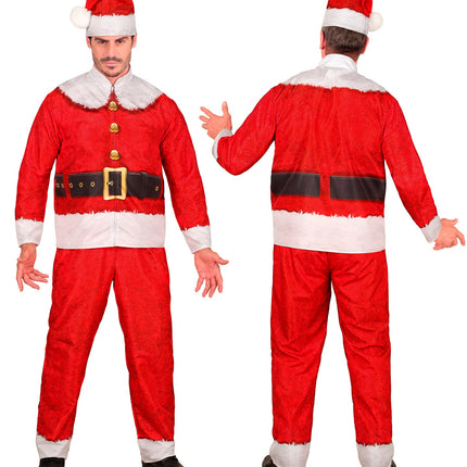 Kerstmanpak op model zonder baard: jas, broek en rode puntmuts met witte pompon