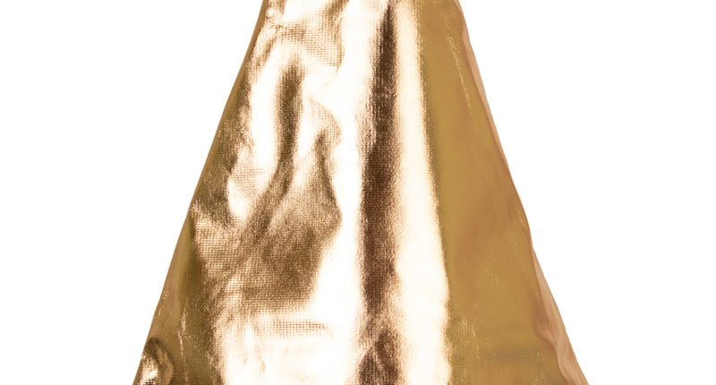 Kerstmuts goud metallic met glanzende punt, brede witte bontrand en witte pompon voor Kerst