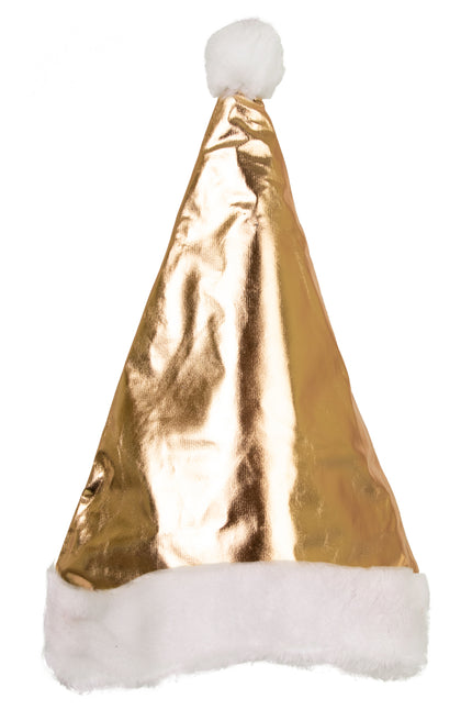 Kerstmuts goud metallic met glanzende punt, brede witte bontrand en witte pompon voor Kerst