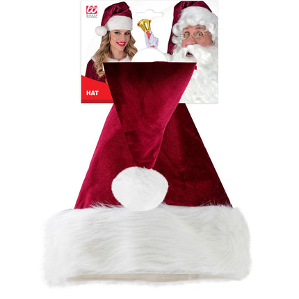Kerstmuts Santa December in de verpakking, lange rode puntmuts met witte pompon