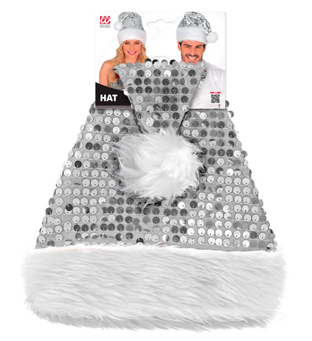 Kerstmuts zilver in verpakking, plat met witte pluche band en pluimpje in het midden