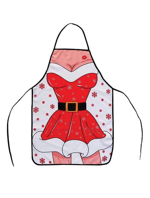 Kerstschort Belinda vlak gelegd: rood jurkje met zwarte gordel, gouden gesp en witte bontzoom