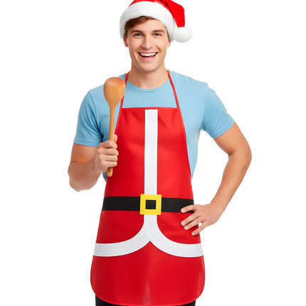 Kerstschort voor heren met gele gespprint, gedragen met kerstmuts en pollepel