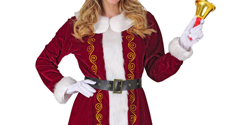Kerstvrouw jurk Claus in donkerrood met witte kraag, gouden krullen en zwarte riem voor dames