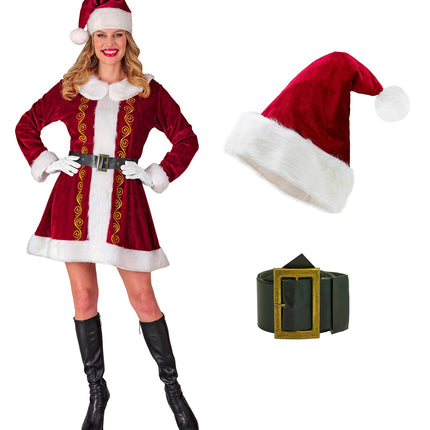 Kerstvrouw jurk Claus met los afgebeelde rode puntmuts met pompon en zwarte riem met gouden gesp