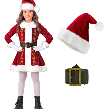 Kerstvrouw jurkje Claus kinderen met losse rode kerstmuts en zwarte riem met goudkleurige gesp