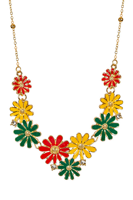 Ketting bloemen rood-geel-groen met negen geëmailleerde bloemen en steentjes aan een goudkleurige schakelketting