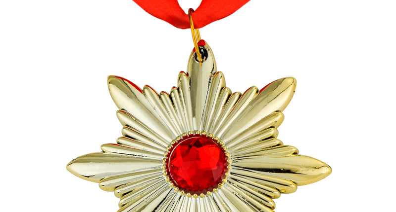 Ketting Dracula medaillon met goudkleurige achtpuntige ster en rode steen aan rood lint