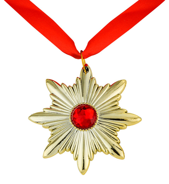 Ketting Dracula medaillon met goudkleurige achtpuntige ster en rode steen aan rood lint