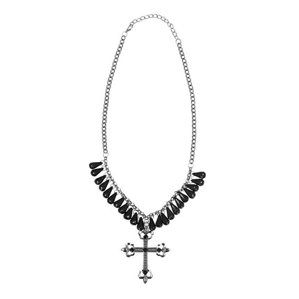 Ketting gothic in volle lengte met donkere schakelketting, druppelbedels en verlengsluiting
