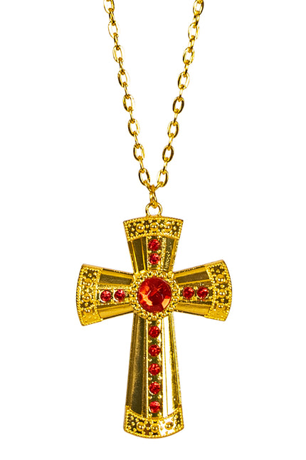 Ketting gouden kruis met rode steentjes en grote ronde middensteen aan schakelketting