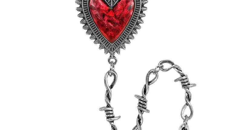 Ketting hart prikkeldraad met rood hart, kroontje en zilverkleurige spike aan prikkeldraadschakels