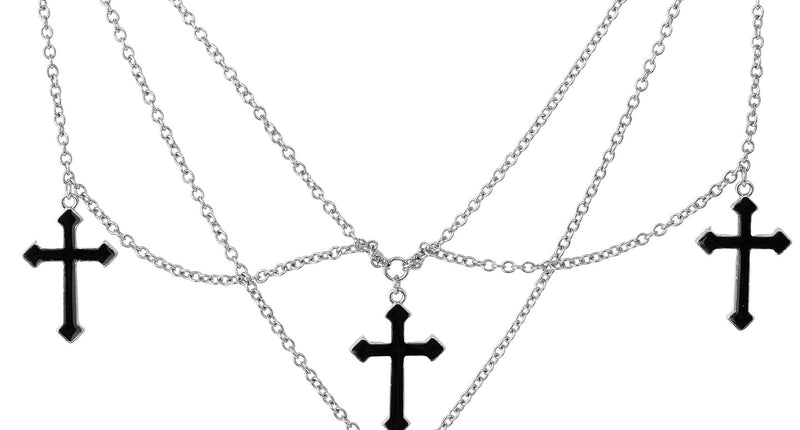 Ketting met kruisen zwart met drie zilverkleurige kettinglagen en vier zwarte kruishangers