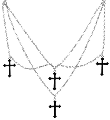 Ketting met kruisen zwart met drie zilverkleurige kettinglagen en vier zwarte kruishangers