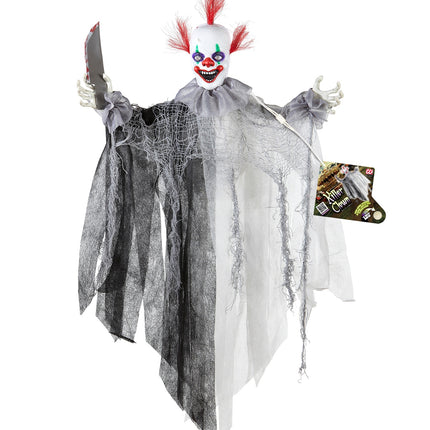 Killer clown decoratie met wit gezicht, rode haarplukken en zwart-wit gerafeld gewaad