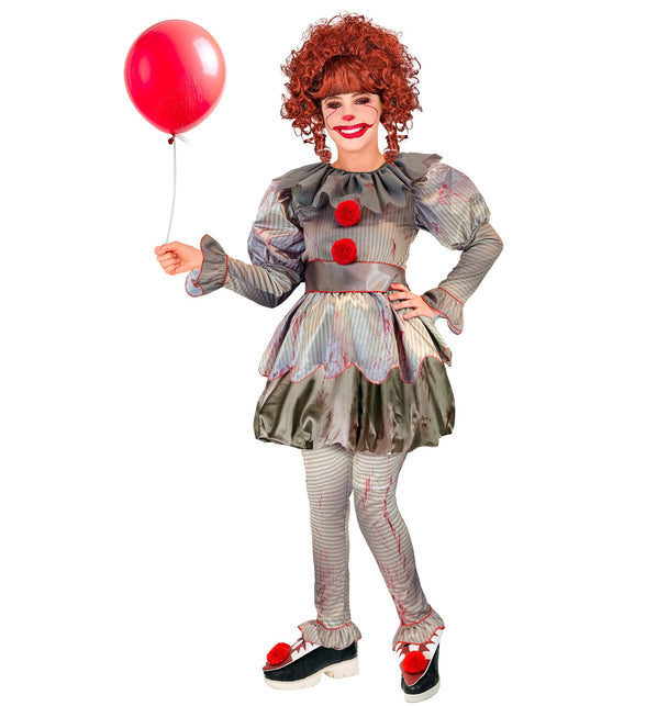 Killer clown jurk met geschulpte kraag, pofmouwen en ballonrok, gedragen met rode ballon