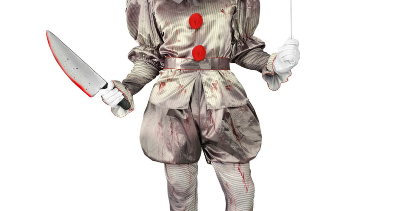 Killer clown kostuum in grijs met bloedspatten, rode pompons en ruche om de hals, voor Halloween