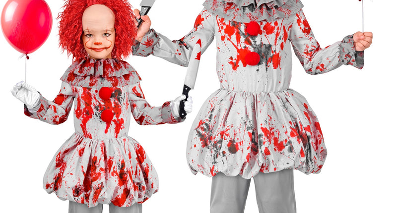 Killer clown kostuum Guus kinderen in grijs met rode bloedspatten en ballonrok voor Halloween