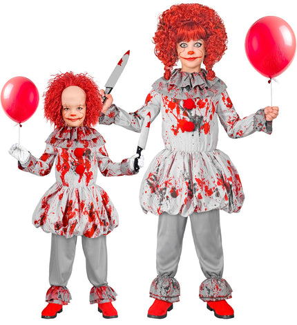 Killer clown kostuum Guus kinderen in grijs met rode bloedspatten en ballonrok voor Halloween