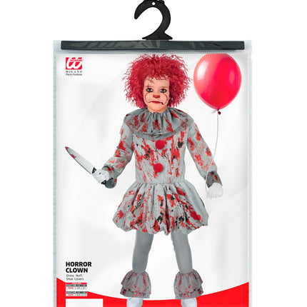 Killer clown kostuum Guus kinderen in de verpakking met maattabel van Widmann