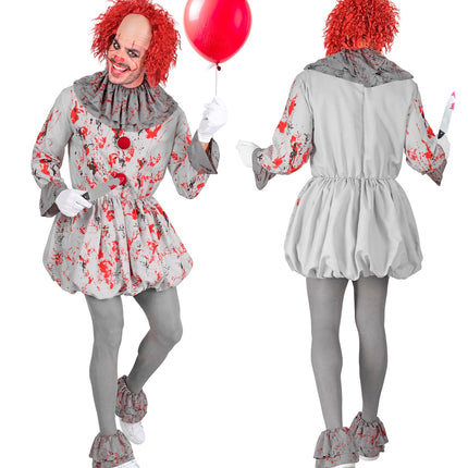 Killer clown kostuum voor heren, voor- en achterzijde met effen grijze rug en pofrok