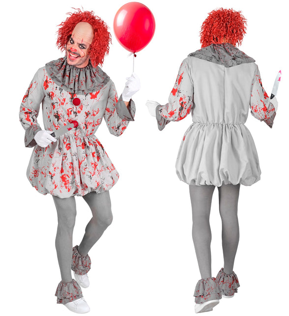 Killer clown kostuum voor heren, voor- en achterzijde met effen grijze rug en pofrok