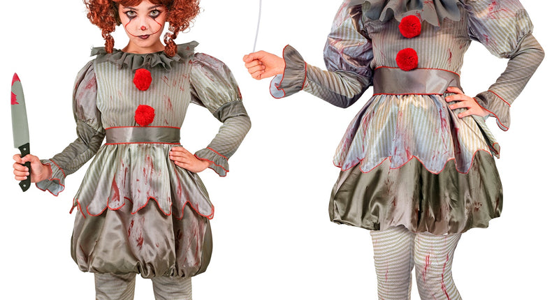 Killer clown kostuum kind en volwassene, grijs gestreepte jurk met rode pompons voor Halloween