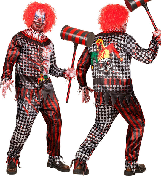 Killer clown kostuum met schedelopdruk met narrenkap op de rug van de jas