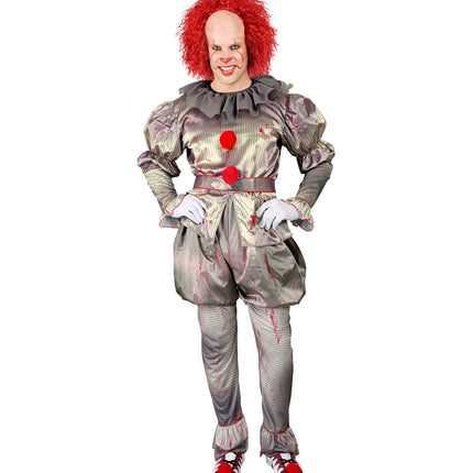Killer clown kostuum vooraanzicht met ballonmouwen, brede riem en wijde pofbroek