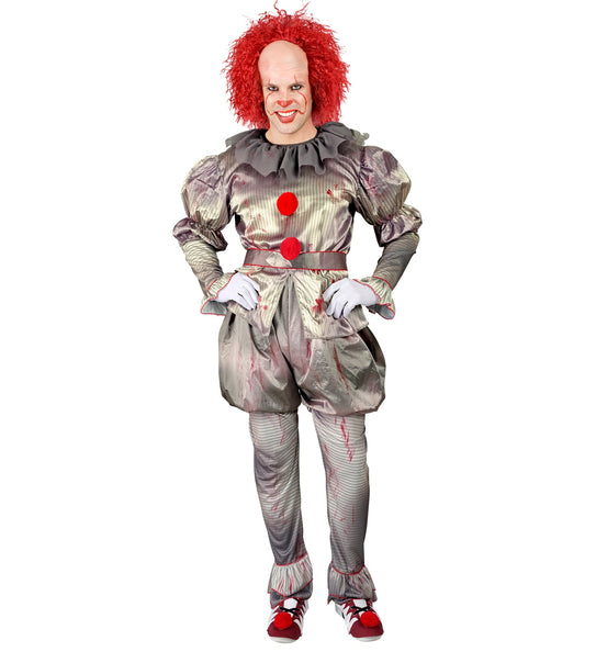 Killer clown kostuum vooraanzicht met ballonmouwen, brede riem en wijde pofbroek