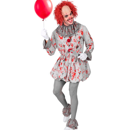 Killer clown kostuum met wijde manchetten en overzetschoenen met ruches voor een griezelfeest