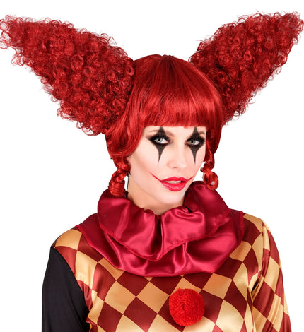 Killer clown pruik rood met twee opstaande kroezige staarten en rechte pony, voor Halloween
