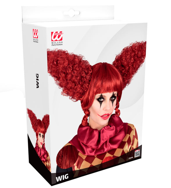 Killer clown pruik rood in de verpakking van Widmann met detailfoto van de gedraaide lok