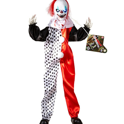 Killerclown pop van 90 cm met rood haar, bebloede witte kraag en zwarte clownsschoenen voor Halloween