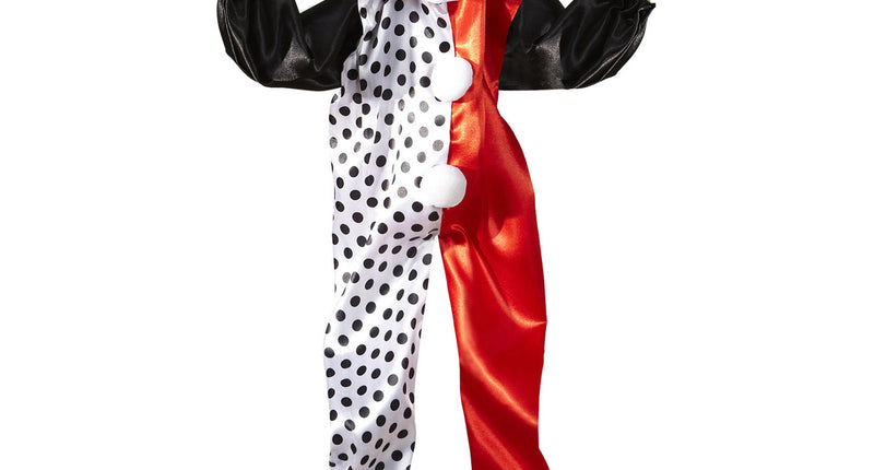 Killerclown pop met lichtgevende ogen, half rood en half wit stippenpak en skelethanden, halloweendecoratie