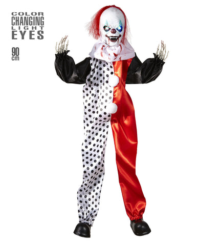 Killerclown pop met lichtgevende ogen, half rood en half wit stippenpak en skelethanden, halloweendecoratie