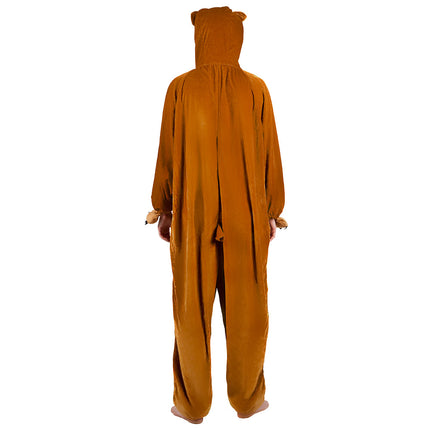 Kinderkostuum beer pluche van achteren, bruine jumpsuit met capuchon, oortjes en klein staartje