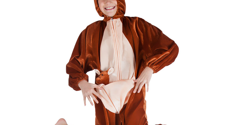 Kinderkostuum kangoeroe pluche in bruin met capuchonkop, buidel met kangoeroetje en rits, voor carnaval